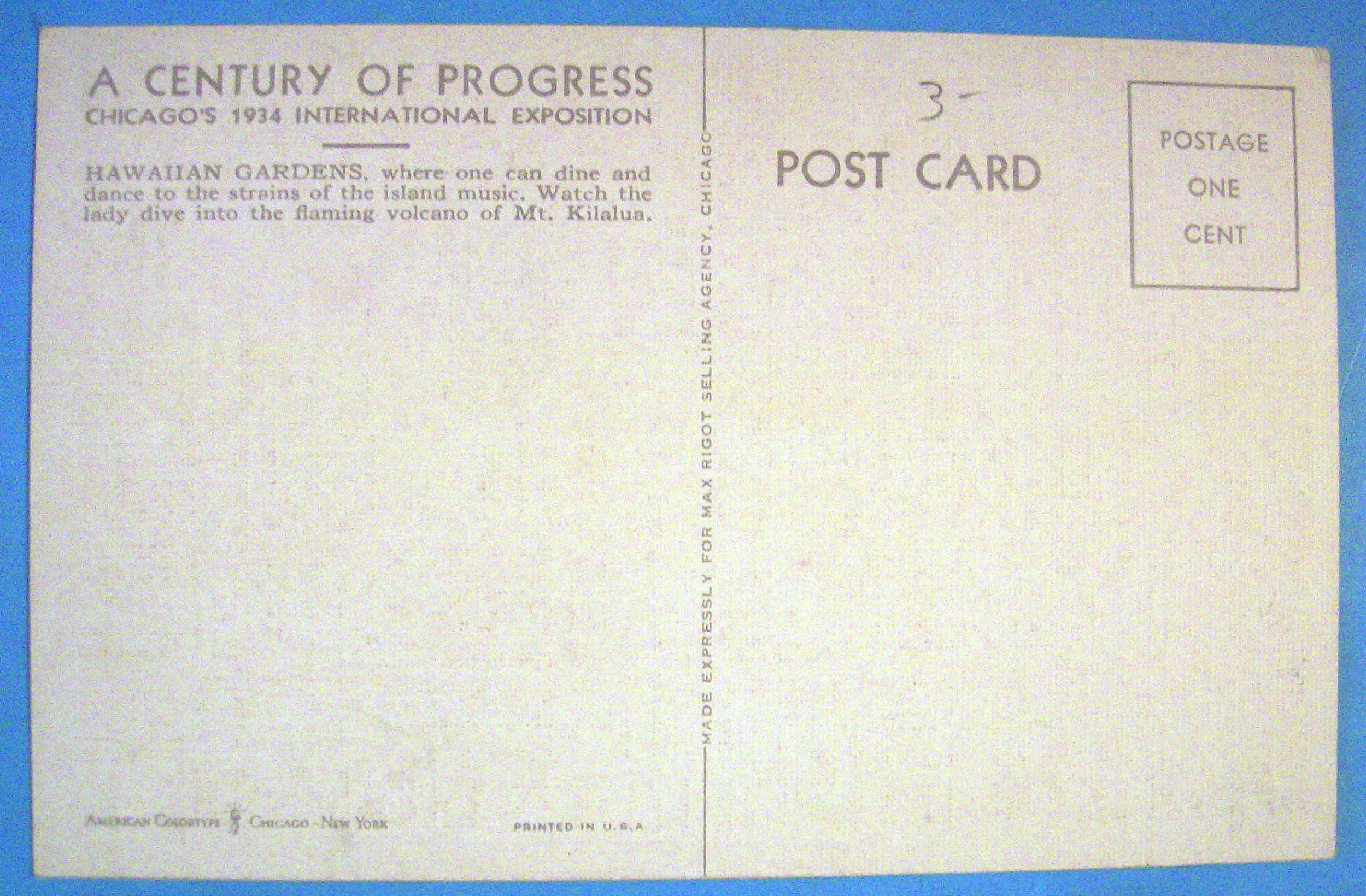1933 Century Of Progress, Hawaiian Gardens Postcard