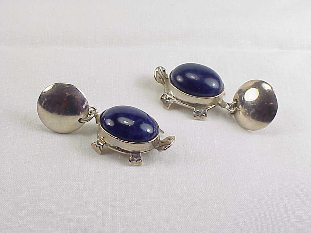 Signed Taxco Mexico Sterling Silver Lapis Turtle Pierced Earrings
