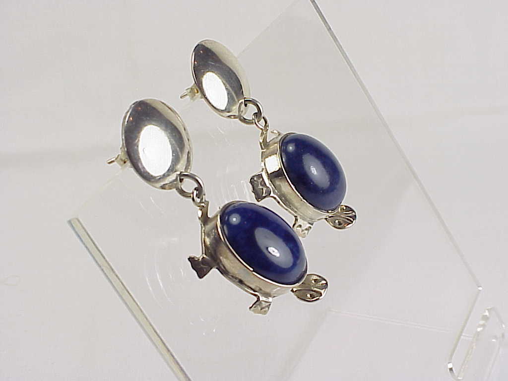 Signed Taxco Mexico Sterling Silver Lapis Turtle Pierced Earrings