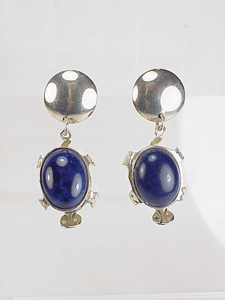 Signed Taxco Mexico Sterling Silver Lapis Turtle Pierced Earrings