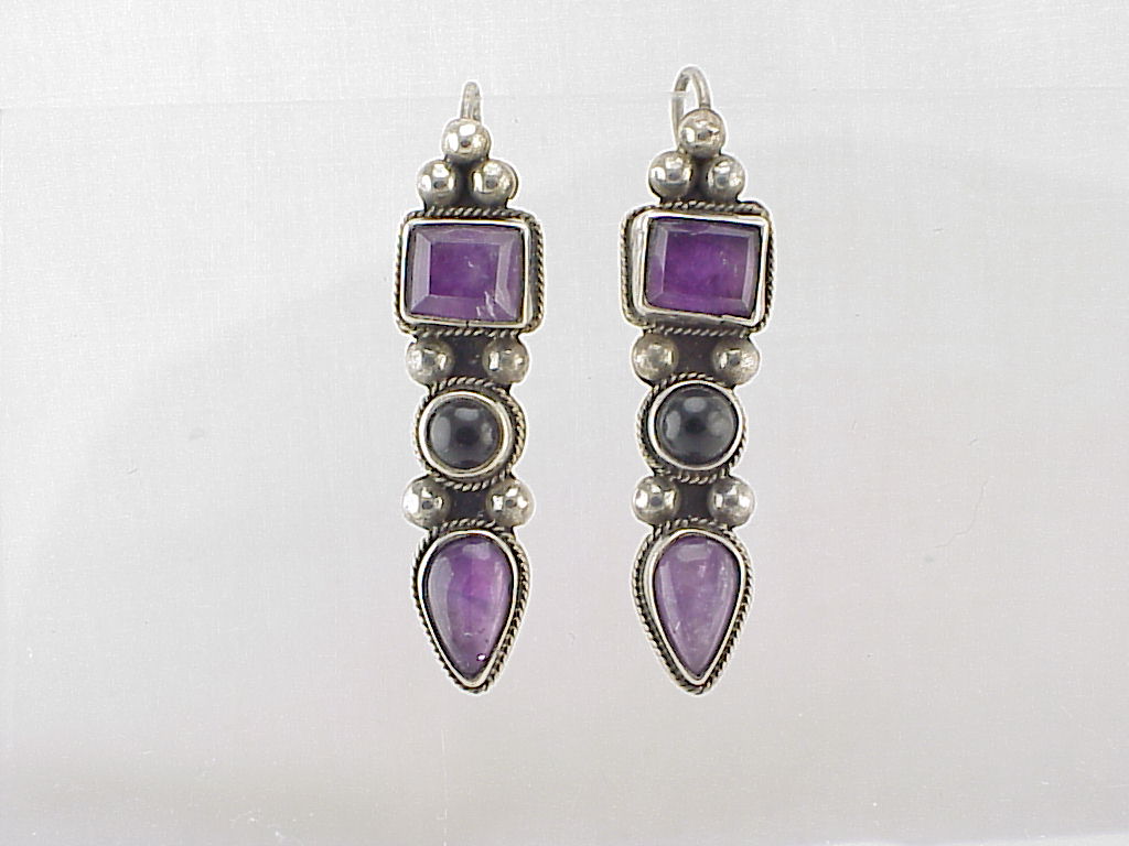 Carsi Taxco Mexico Sterling Silver Amethyst And Onyx Pierced Earrings