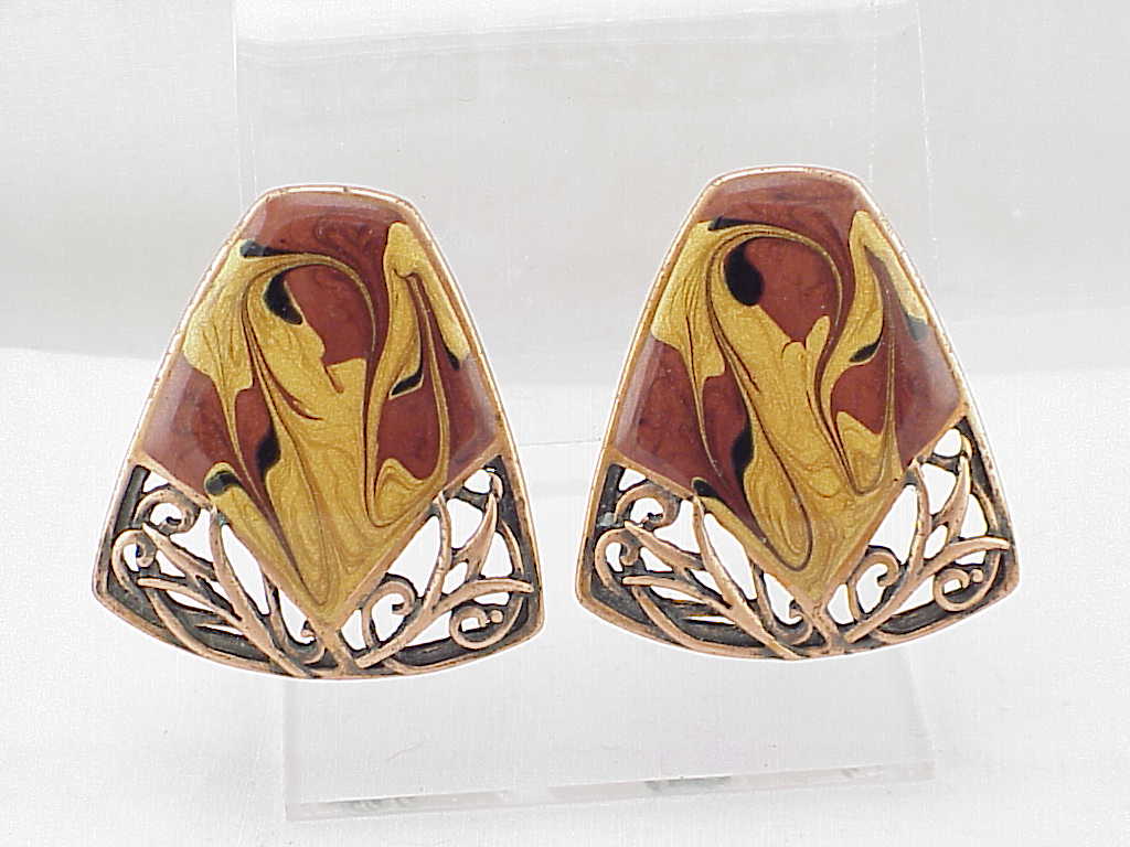 Berebi Gold And Brown Enamel On Copper Clip Earrings