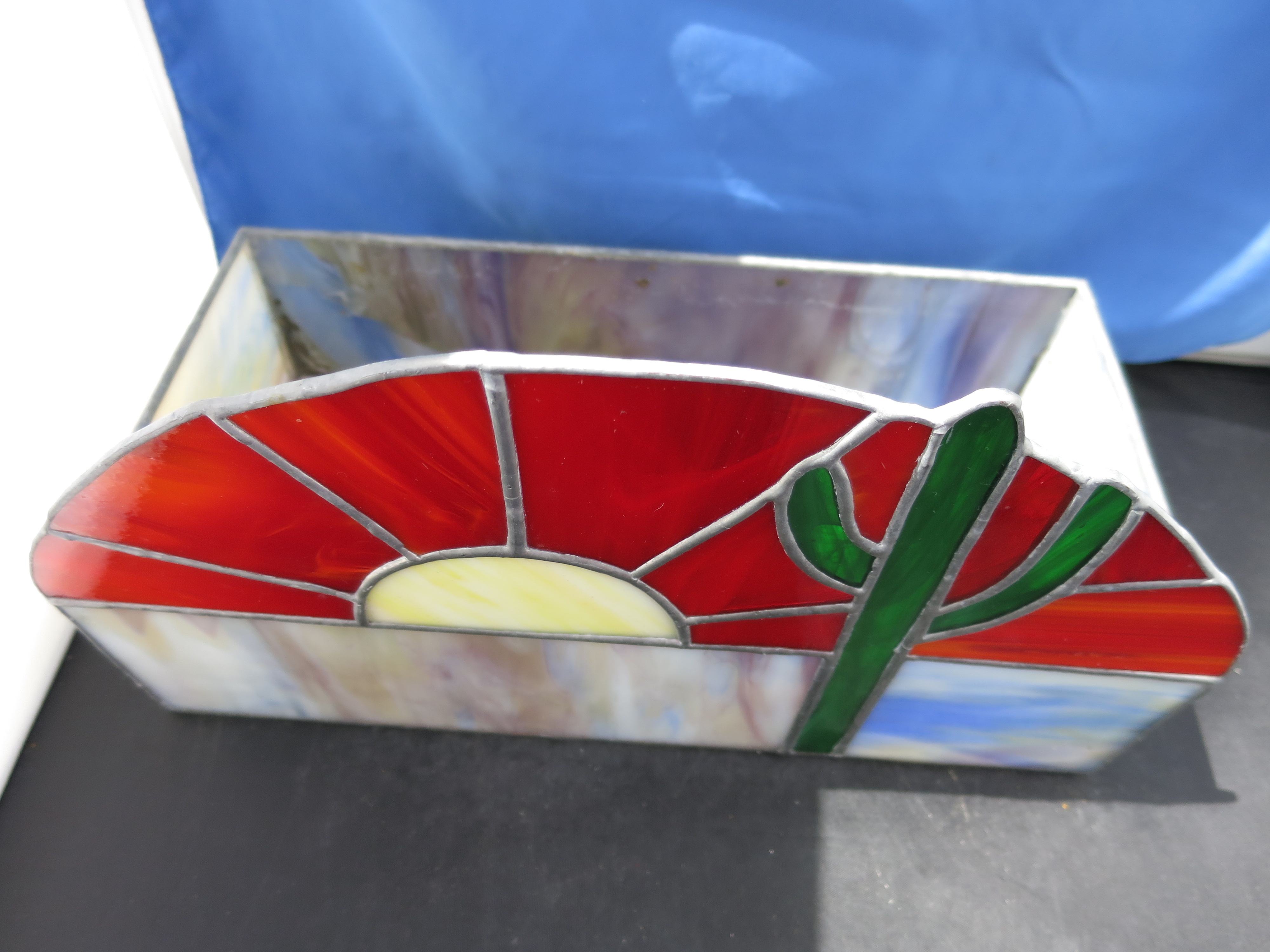 Rare Stained Glass Box Terrarium Sun Cactus Slag Motif