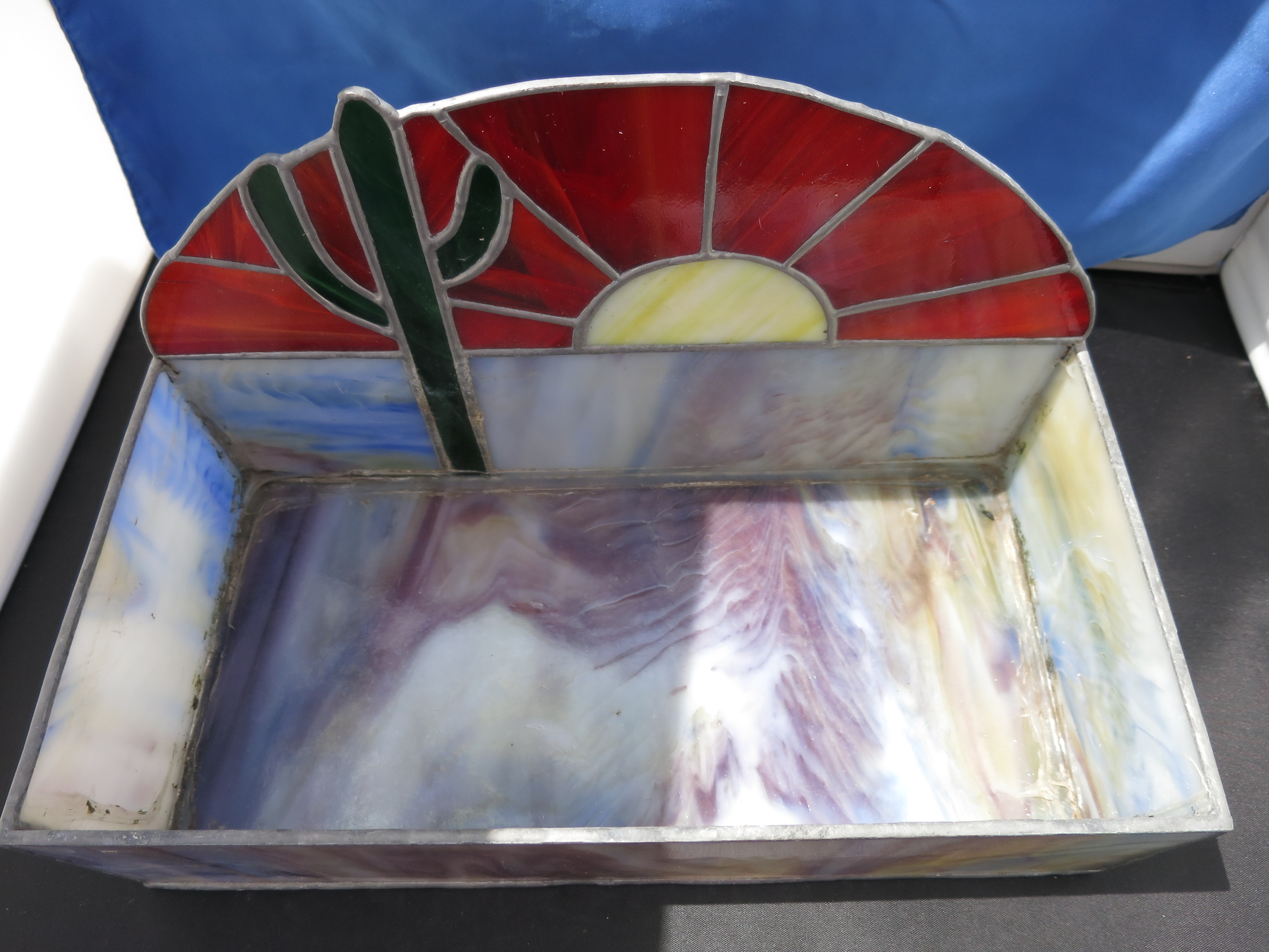 Rare Stained Glass Box Terrarium Sun Cactus Slag Motif