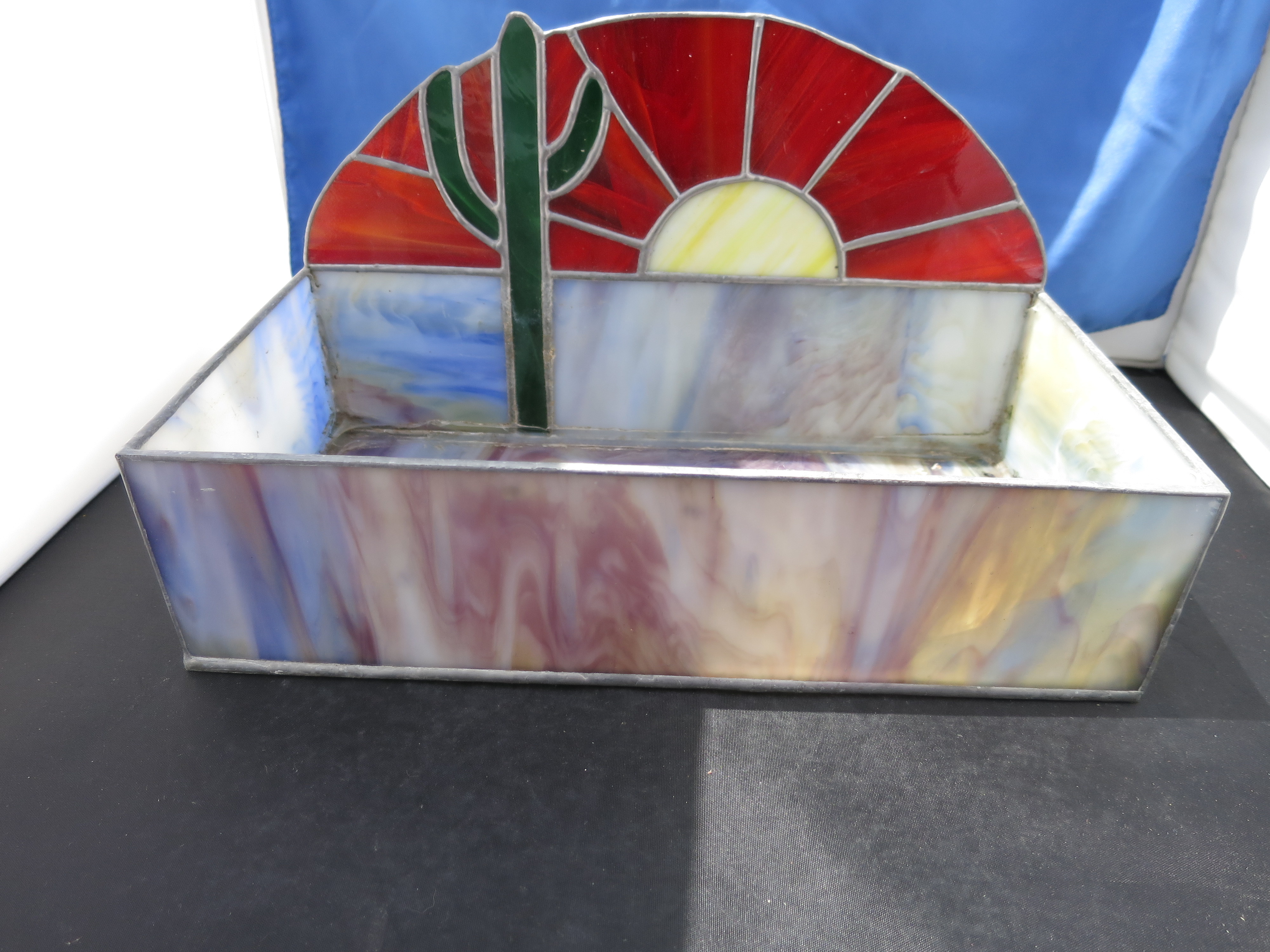 Rare Stained Glass Box Terrarium Sun Cactus Slag Motif