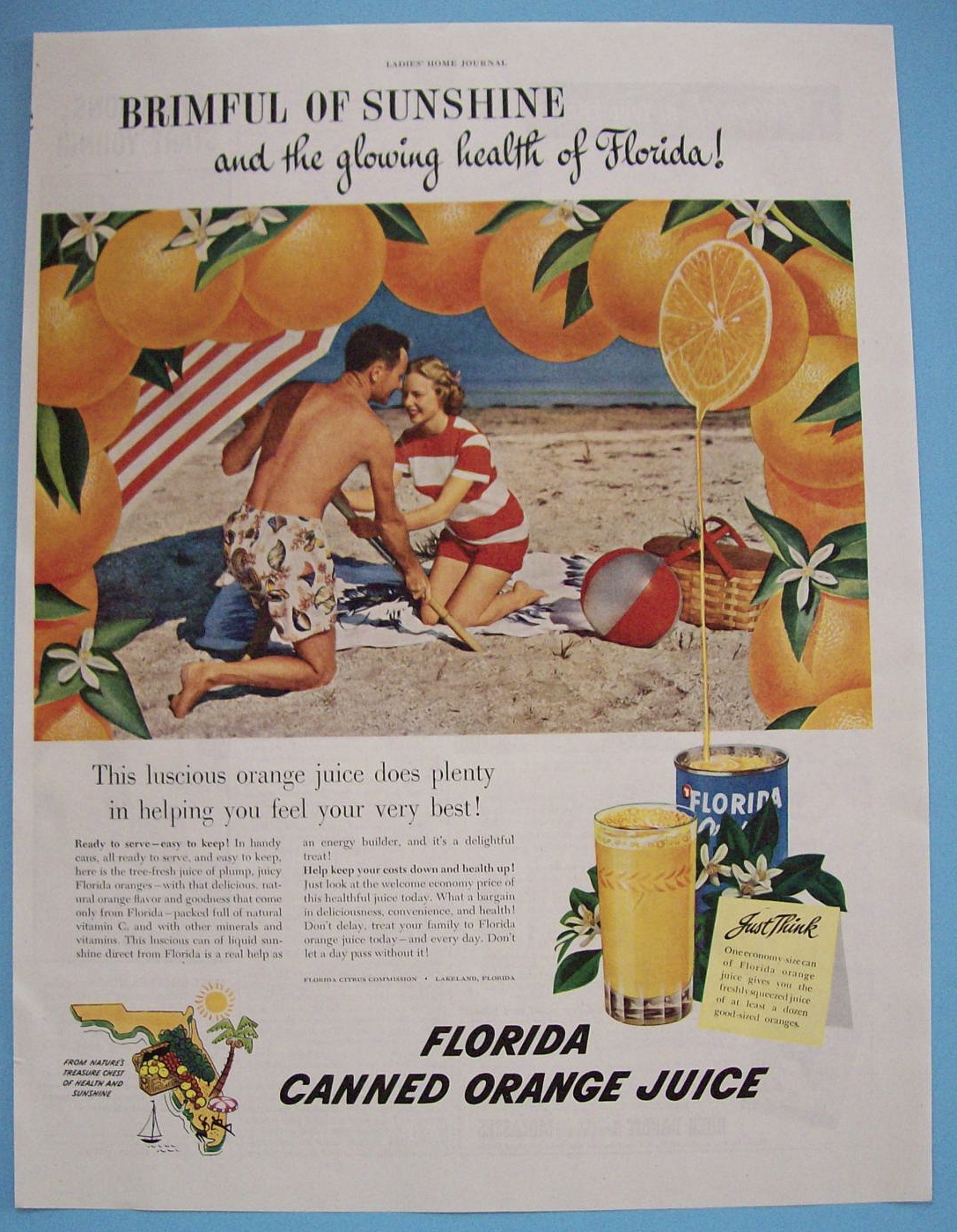 1949 Florida Canned Orange Juice with Man & Woman on the Beach