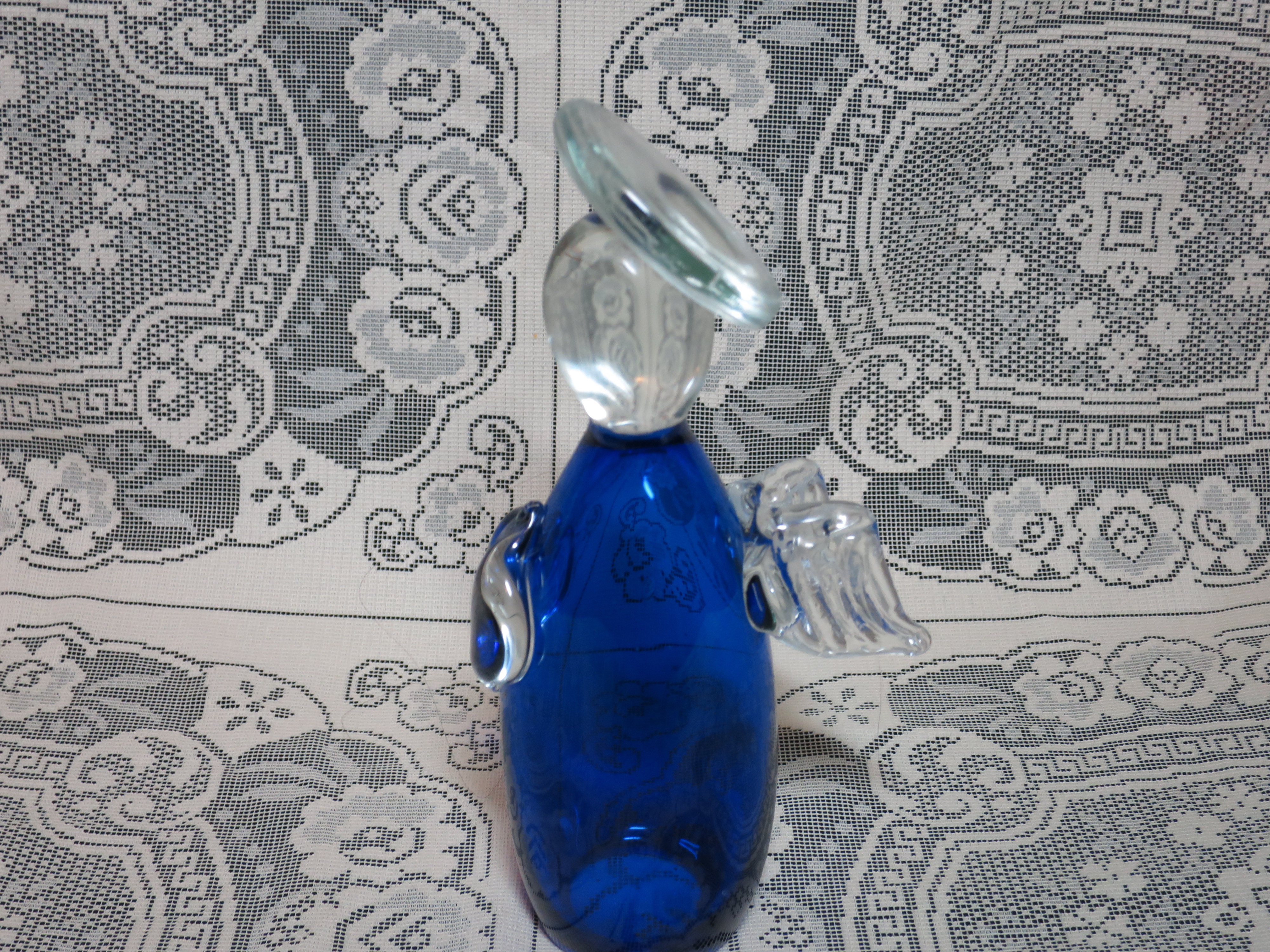 Blown Art Glass Angel Figurine Clear and Cobalt Blue
