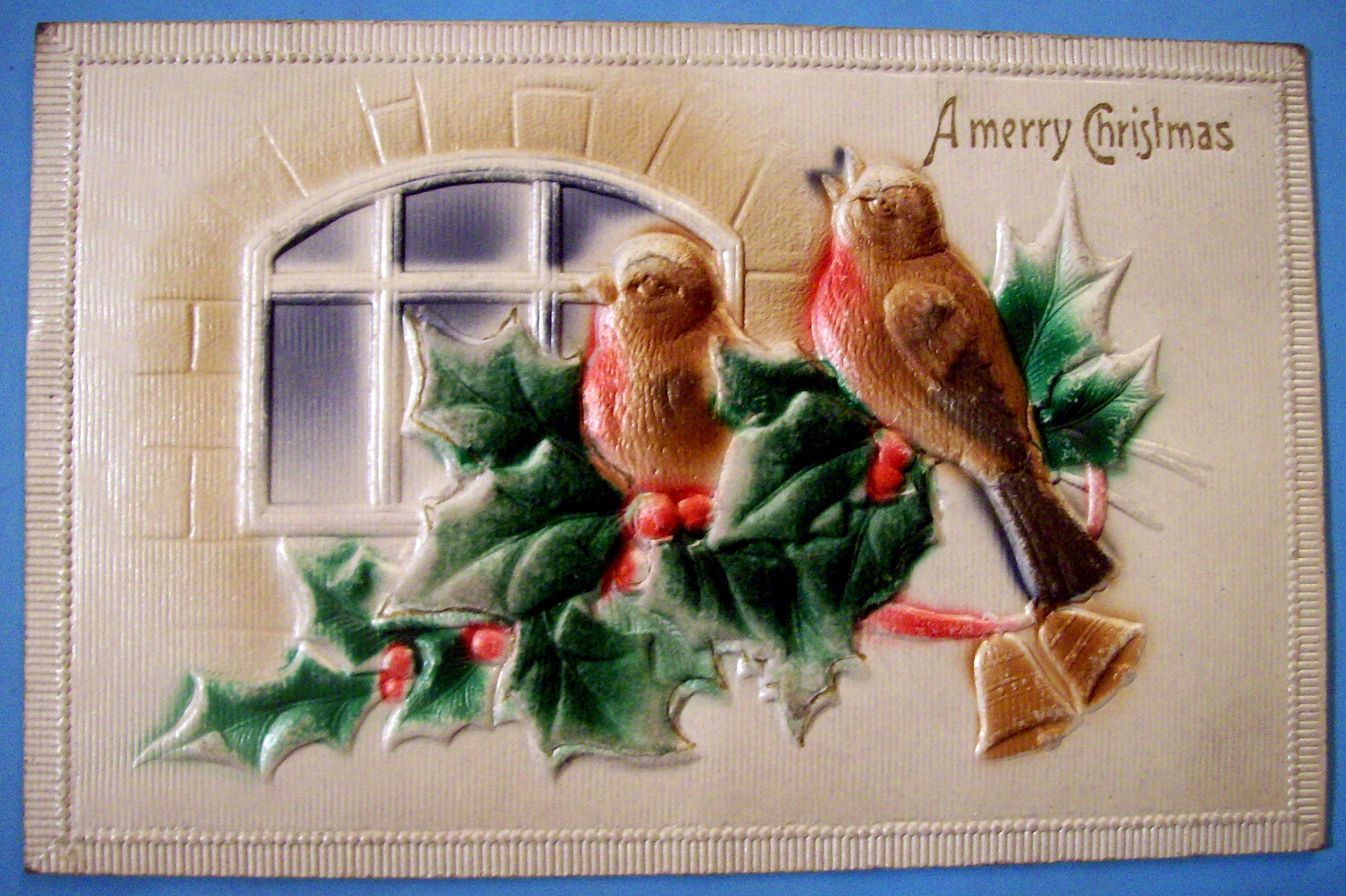A Merry Christmas Postcard w/Two Birds on Poinsetta