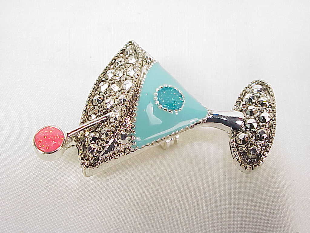 Enamel And Faux Marcasite Cocktail Martini Glass Brooch Or Pendant