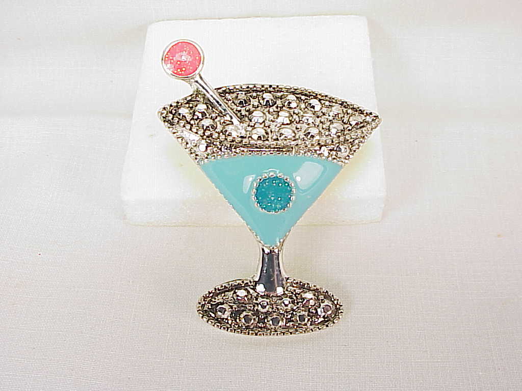Enamel And Faux Marcasite Cocktail Martini Glass Brooch Or Pendant