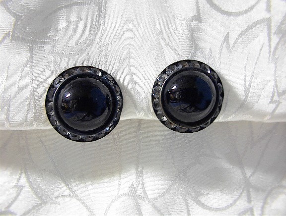 Black Glass & Rhinestone Clip Earrings