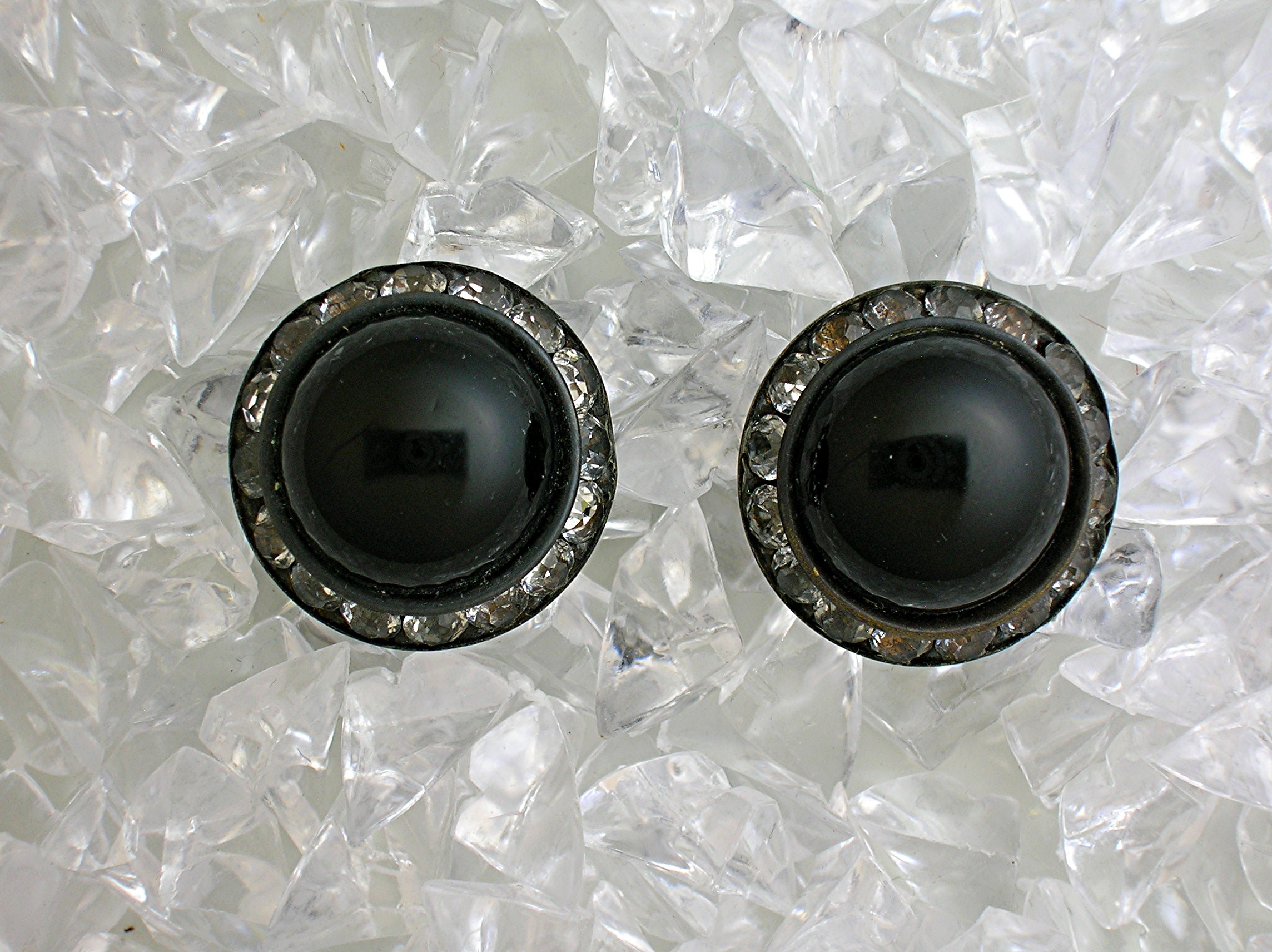 Black Glass & Rhinestone Clip Earrings