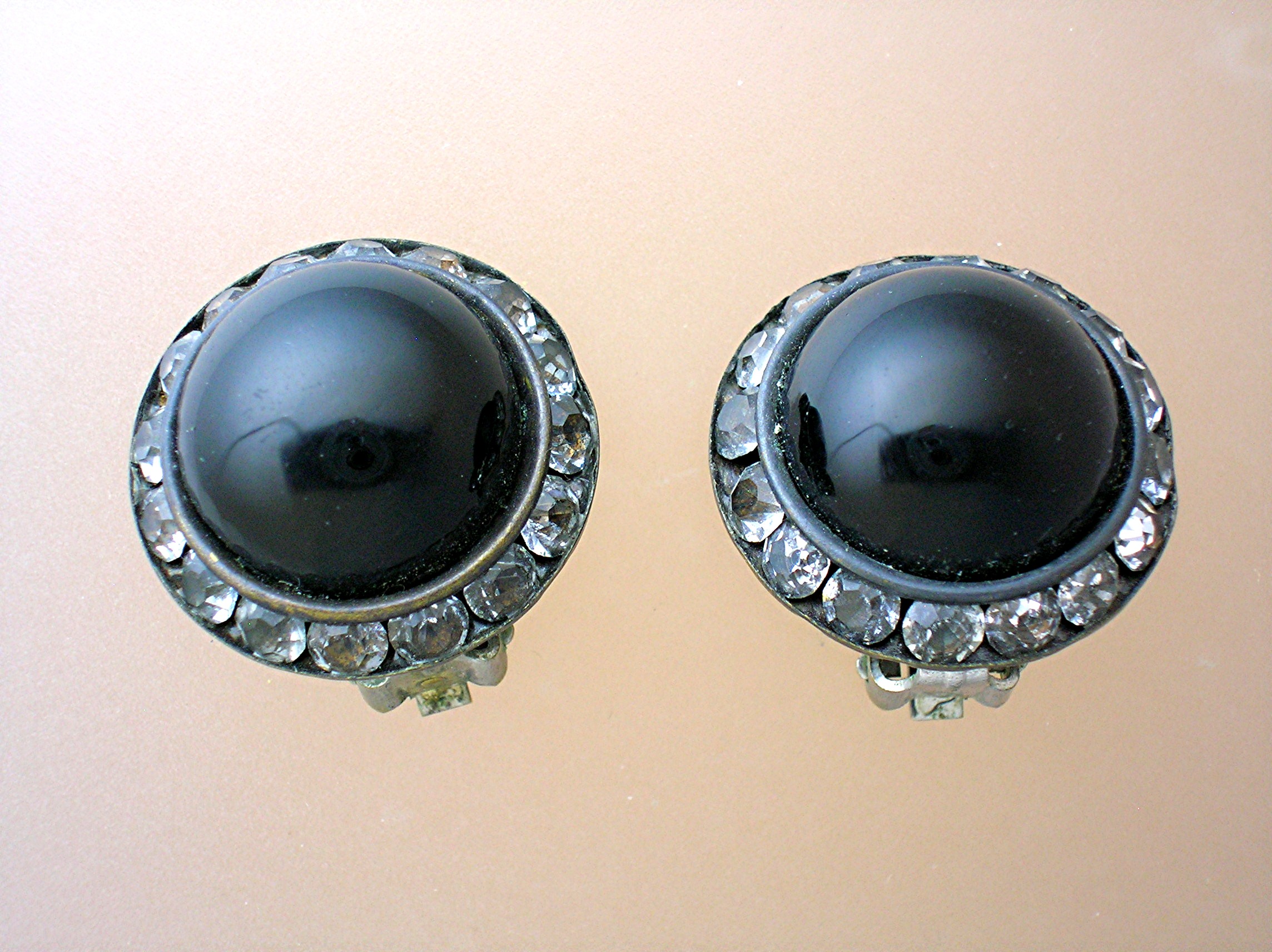 Black Glass & Rhinestone Clip Earrings