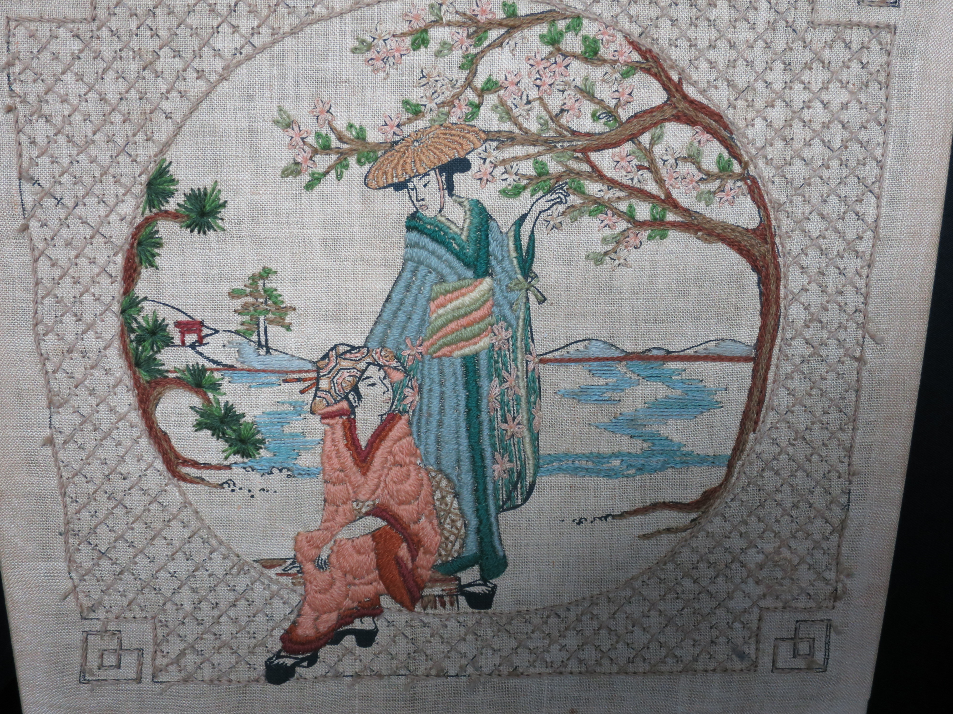Japanese Crewel Embroidered On Linen