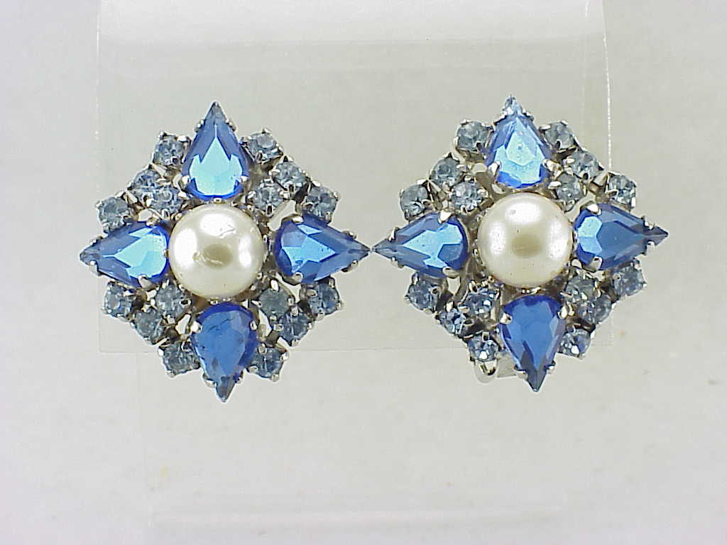 Vintage Blue Rhinestone And Pearl Clip Earrings