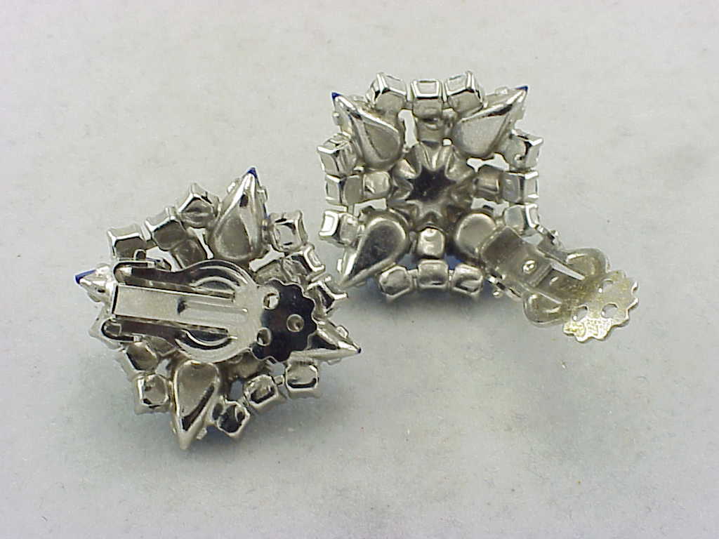 Vintage Blue Rhinestone And Pearl Clip Earrings