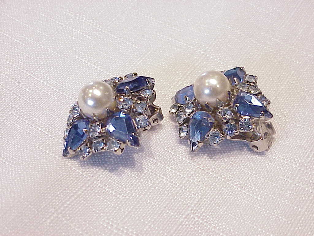 Vintage Blue Rhinestone And Pearl Clip Earrings