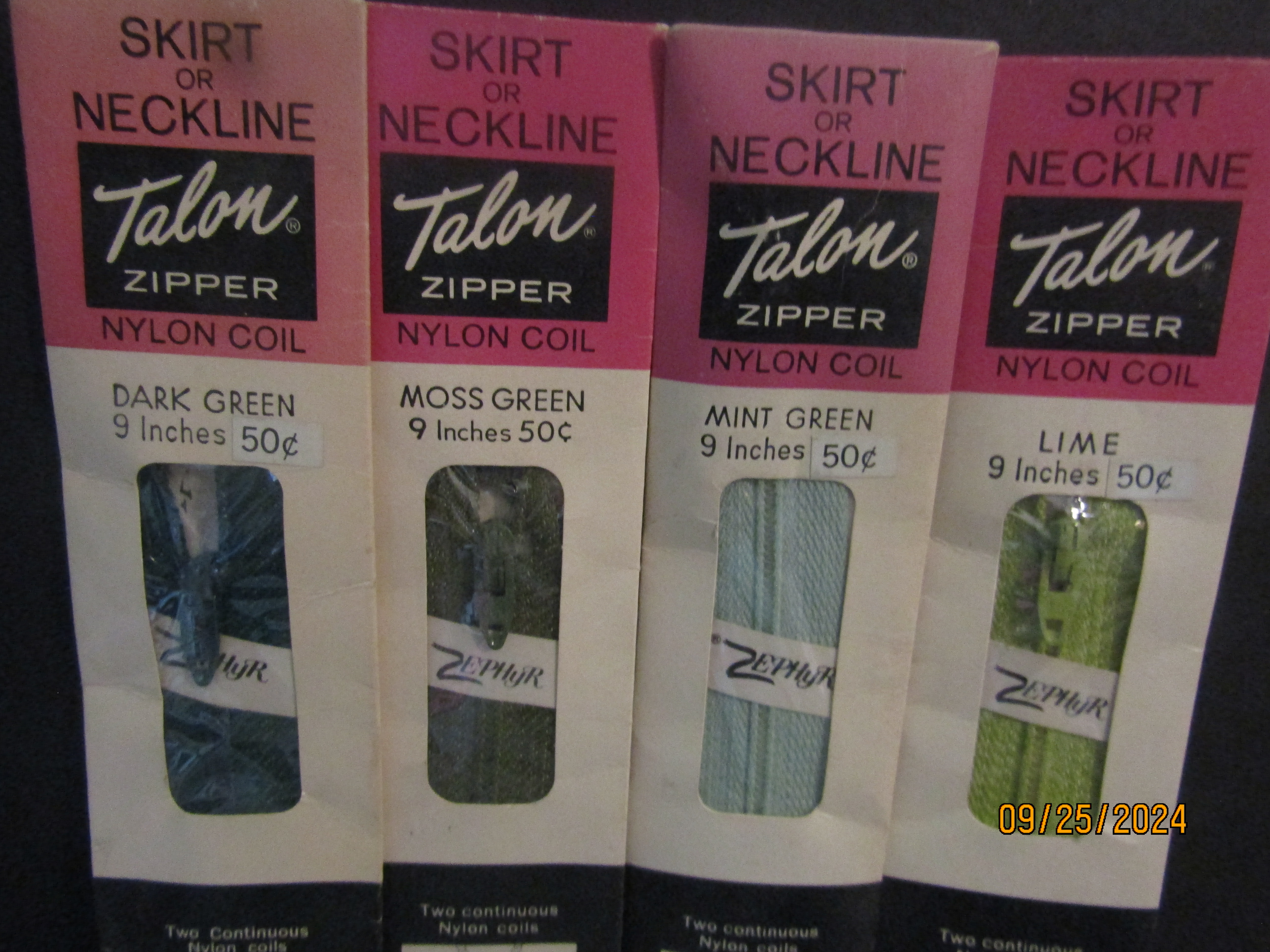 Vintage Talon Various Green Skirt or Neckline Zippers 2