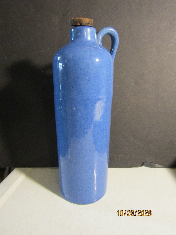 Vintage Blue Glazed Stoneware Jug Bottle with Cork Stopper