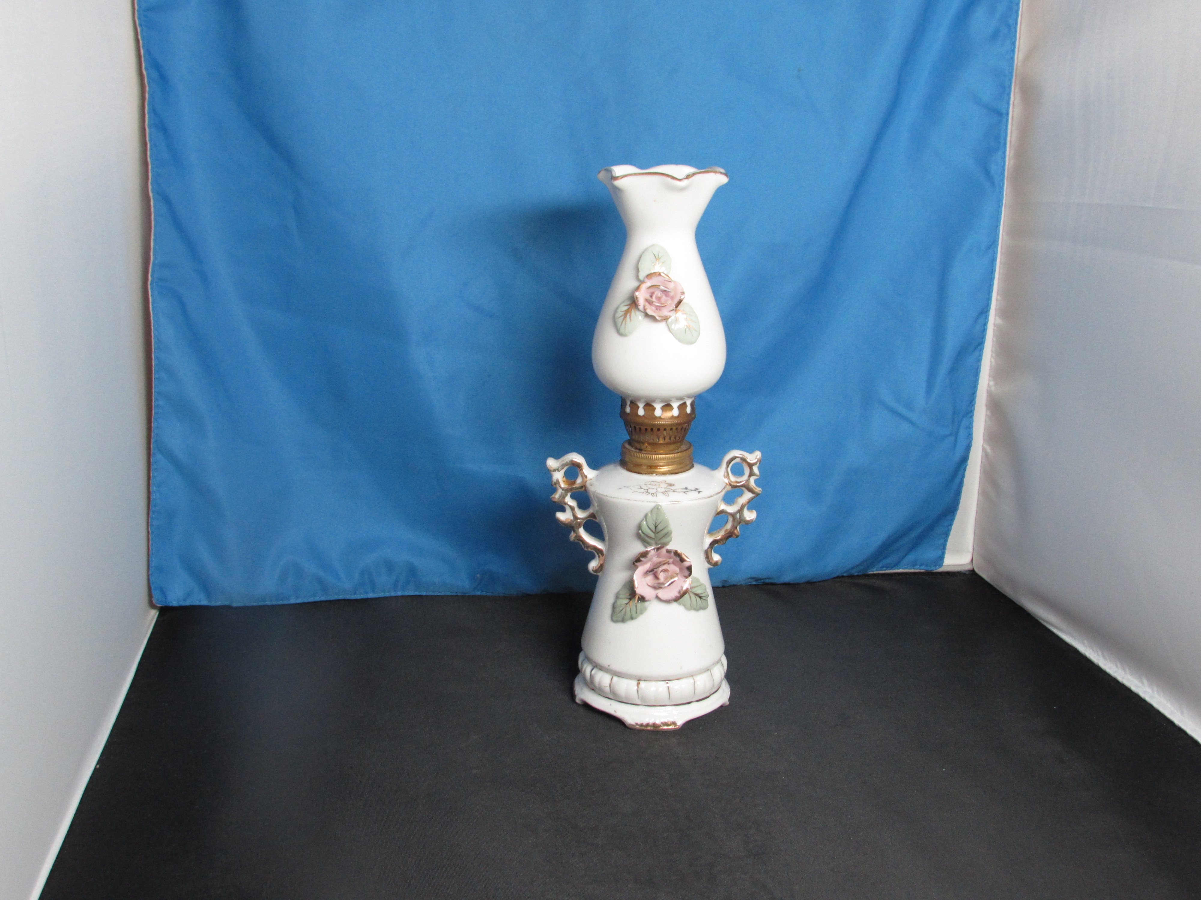 Betson's Porcelain Floral Appliqué Miniature Oil Lamp