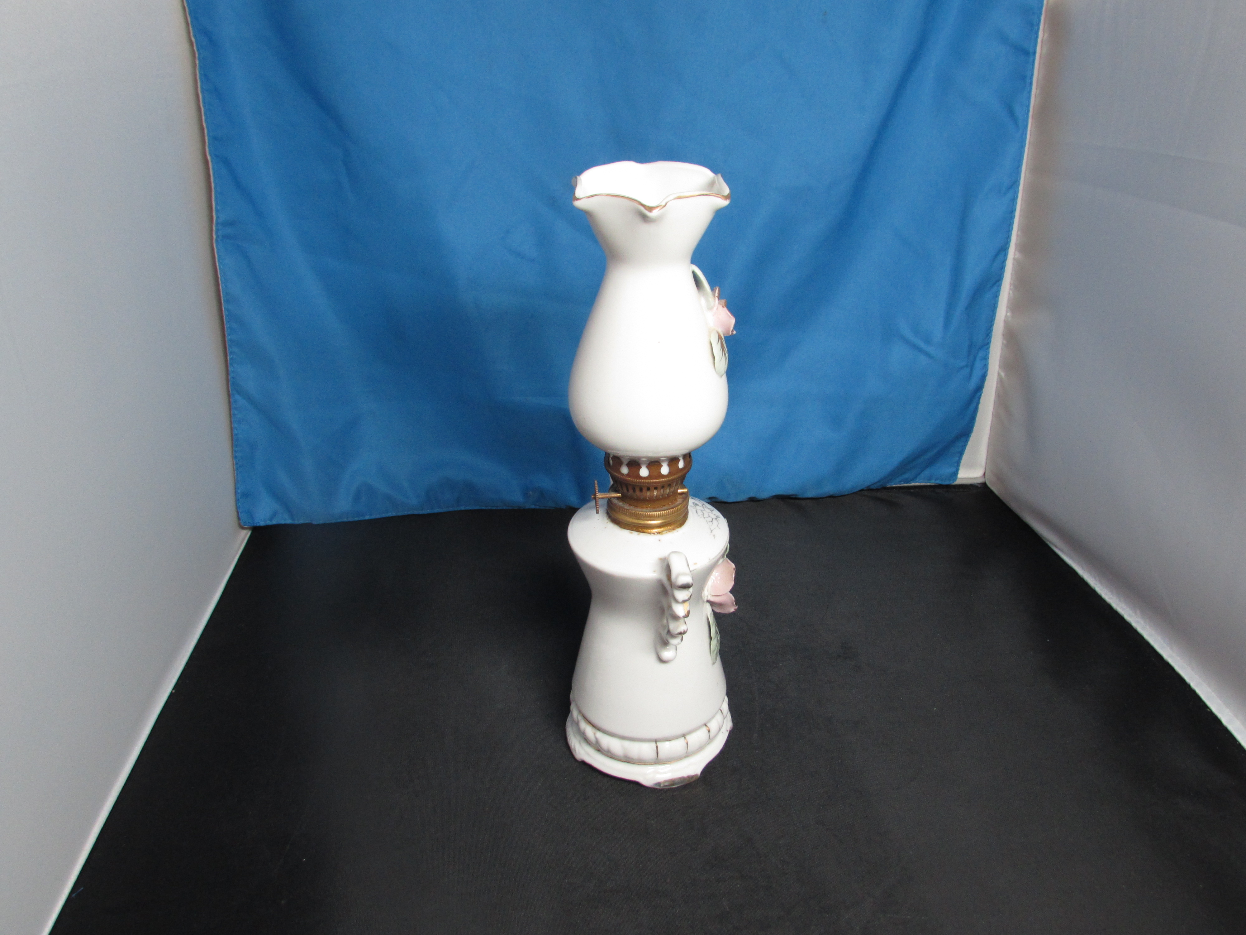 Betson's Porcelain Floral Appliqué Miniature Oil Lamp