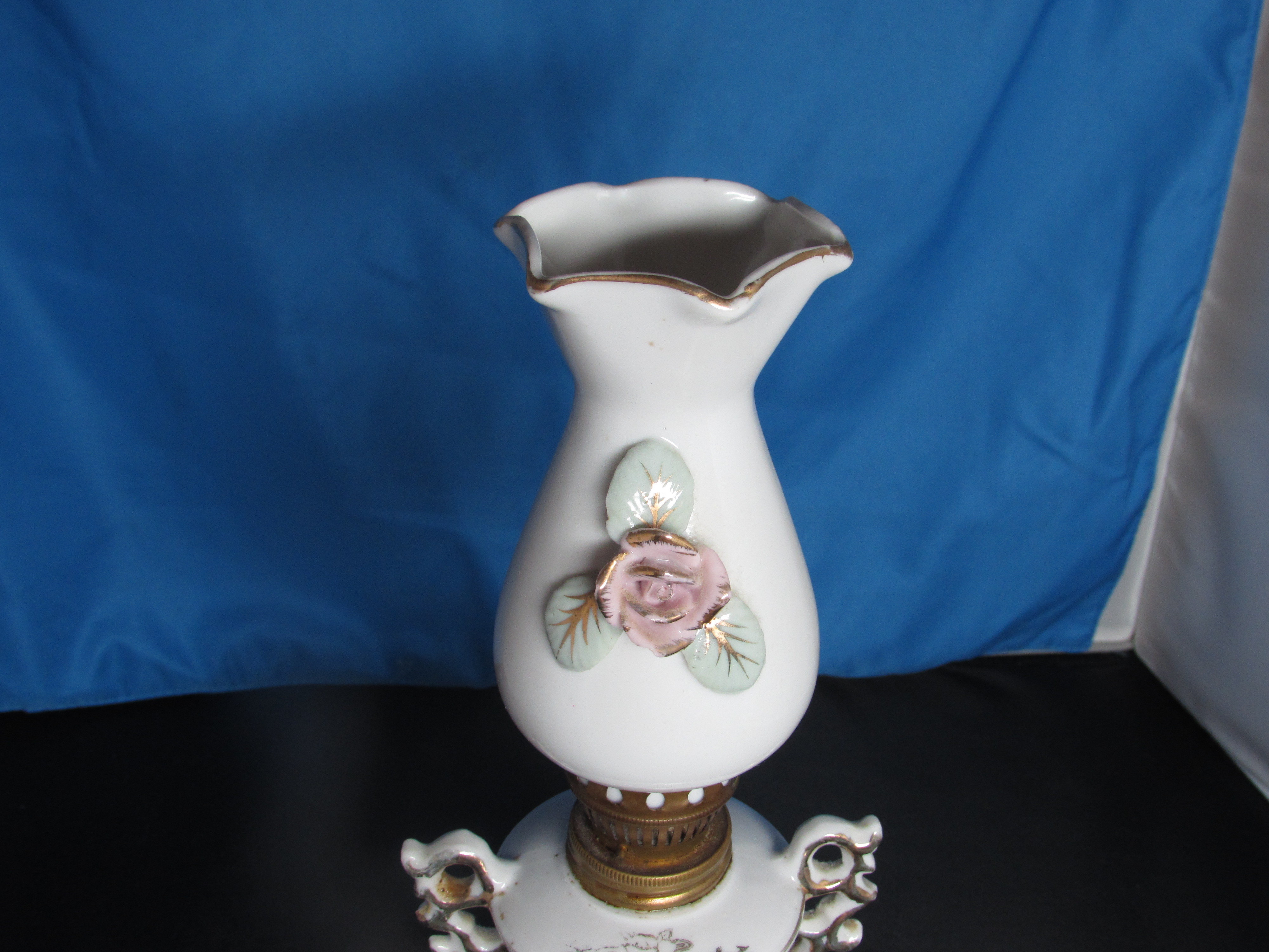 Betson's Porcelain Floral Appliqué Miniature Oil Lamp