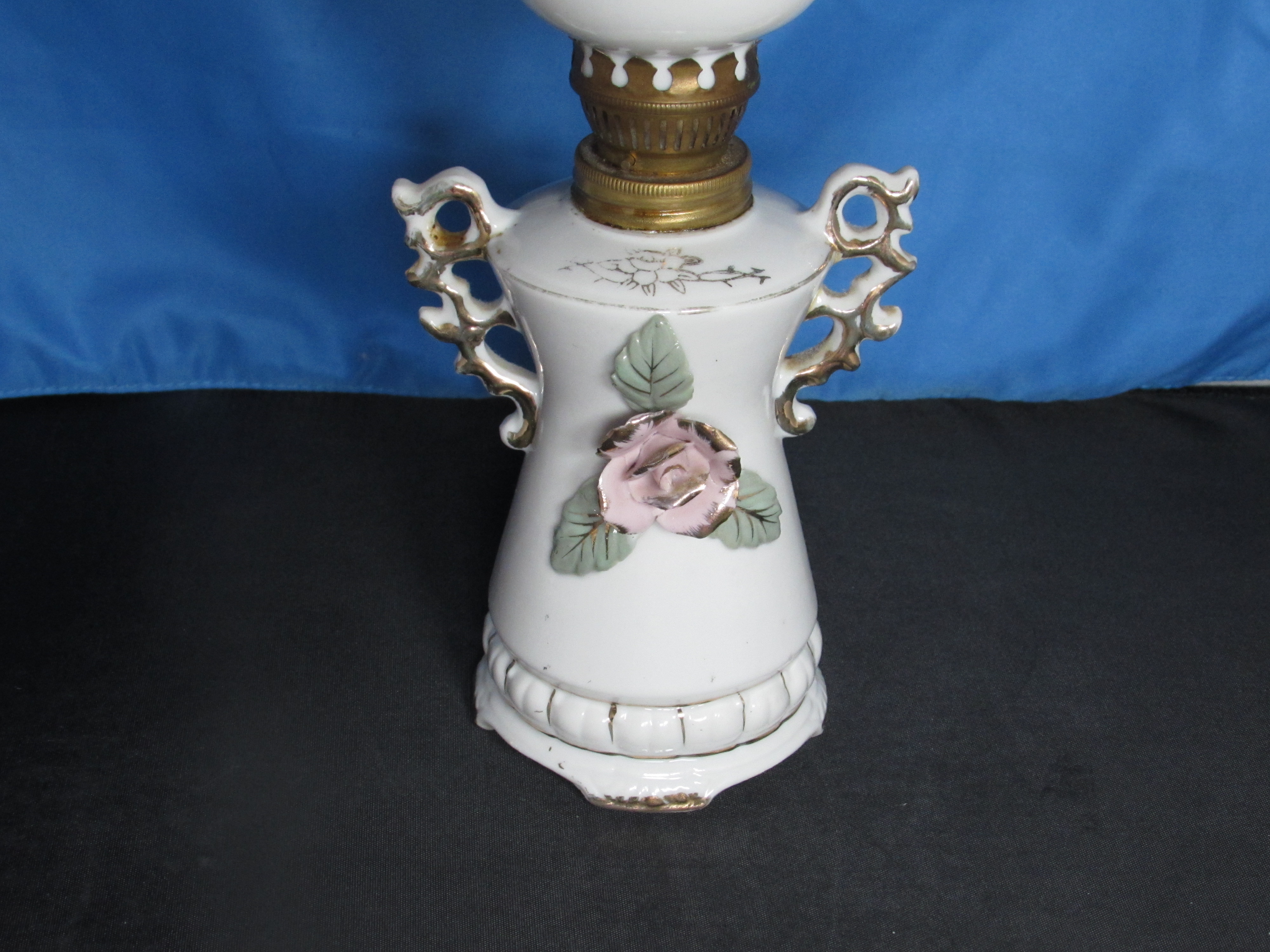 Betson's Porcelain Floral Appliqué Miniature Oil Lamp