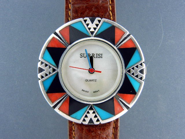 Surrisi Coral Onyx Turquoise Inlay Sterling Silver Watc