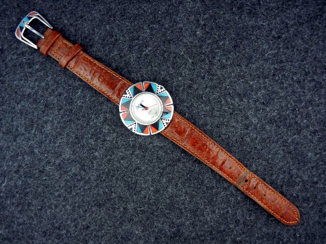 Surrisi Coral Onyx Turquoise Inlay Sterling Silver Watc