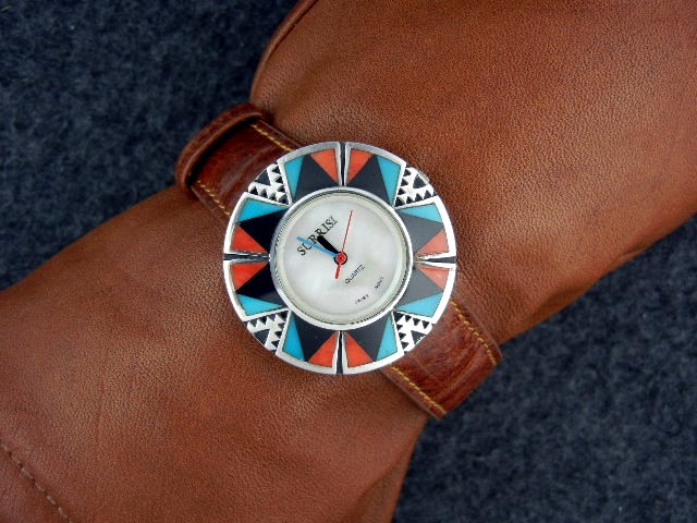 Surrisi Coral Onyx Turquoise Inlay Sterling Silver Watc