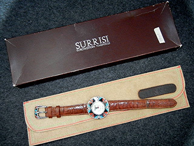 Surrisi Coral Onyx Turquoise Inlay Sterling Silver Watc
