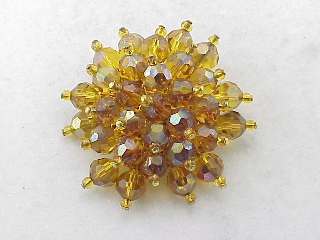 Vintage Amber Aurora Borealis Faceted Glass Crystal Brooch