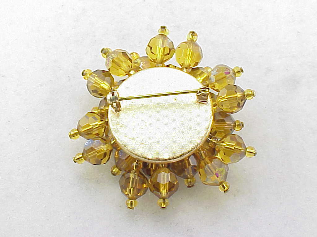 Vintage Amber Aurora Borealis Faceted Glass Crystal Brooch
