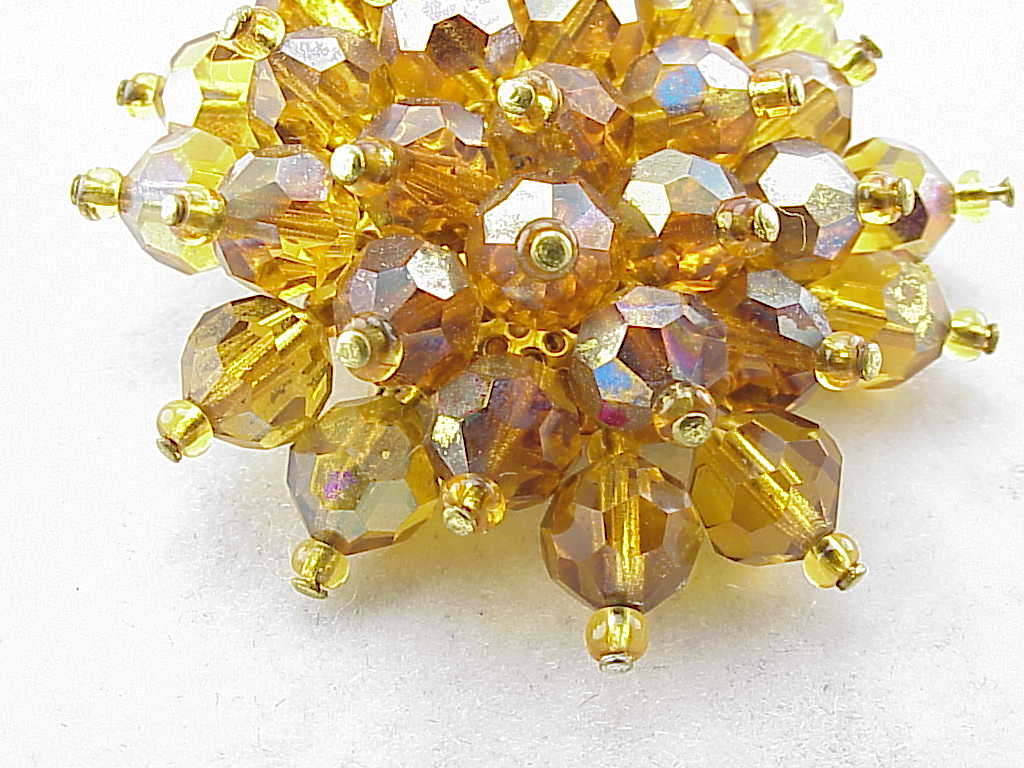Vintage Amber Aurora Borealis Faceted Glass Crystal Brooch