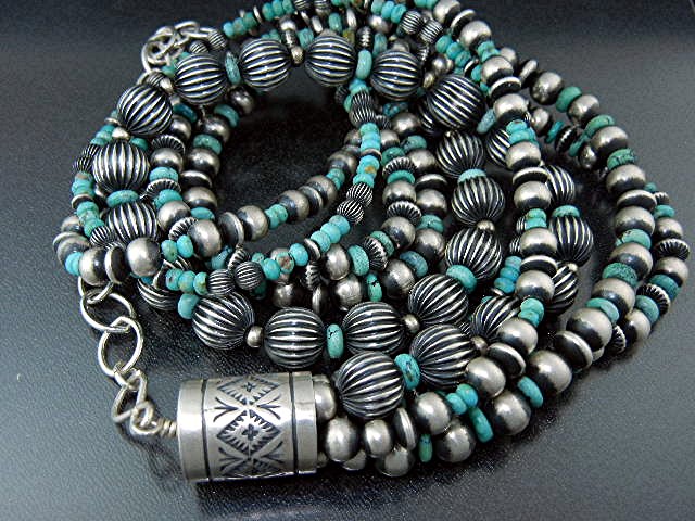 Navajo Pearls Sterling Silver Kingman Turquoise 5 Stran