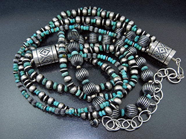 Navajo Pearls Sterling Silver Kingman Turquoise 5 Stran