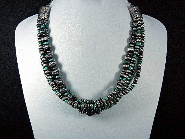 Navajo Pearls Sterling Silver Kingman Turquoise 5 Stran