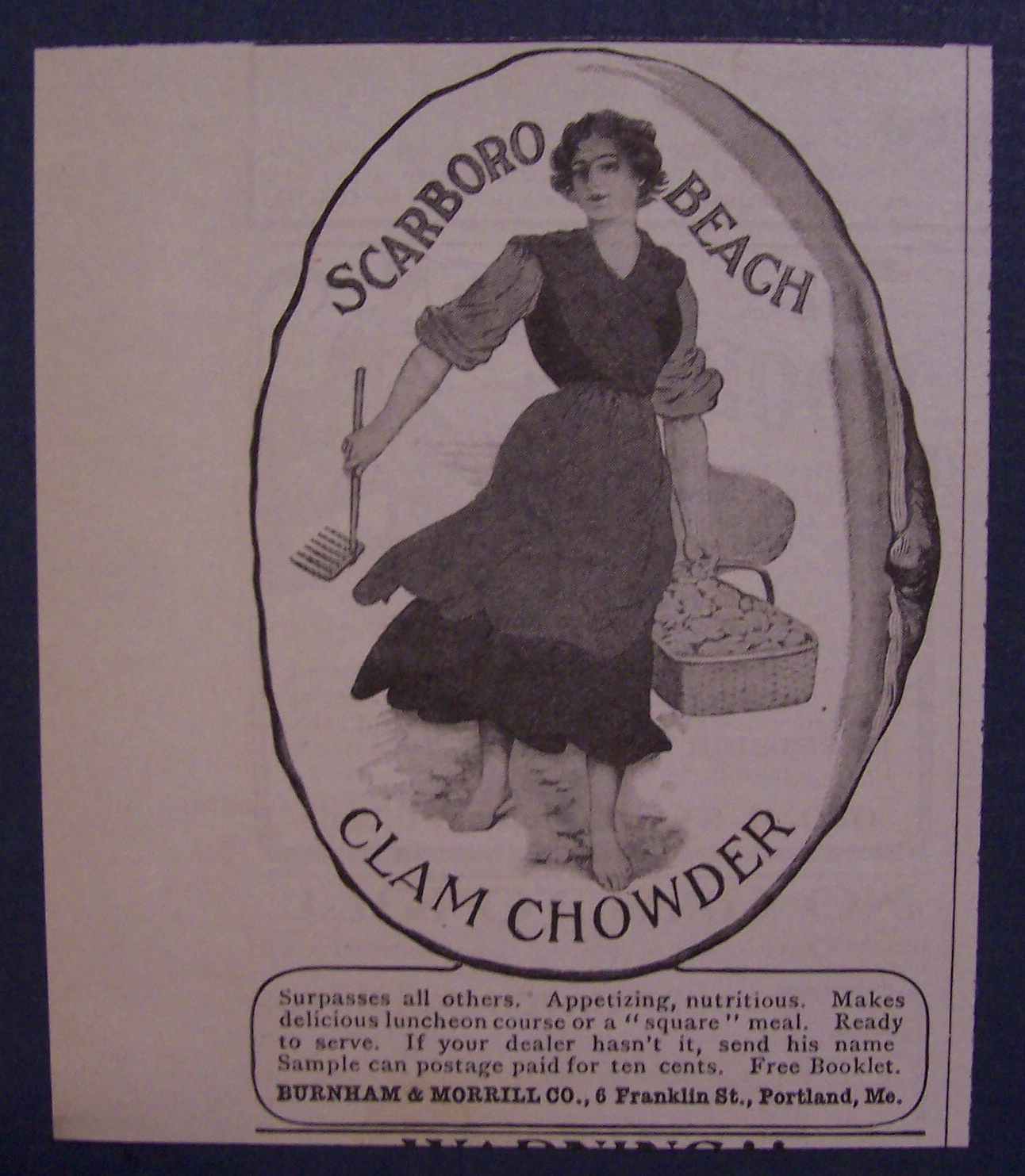 1904 Scarboro Beach Clam Chowder with Woman & Clams