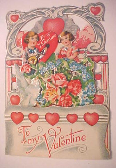 Antique Valentines Germany Boy Girl Roses Fold Out