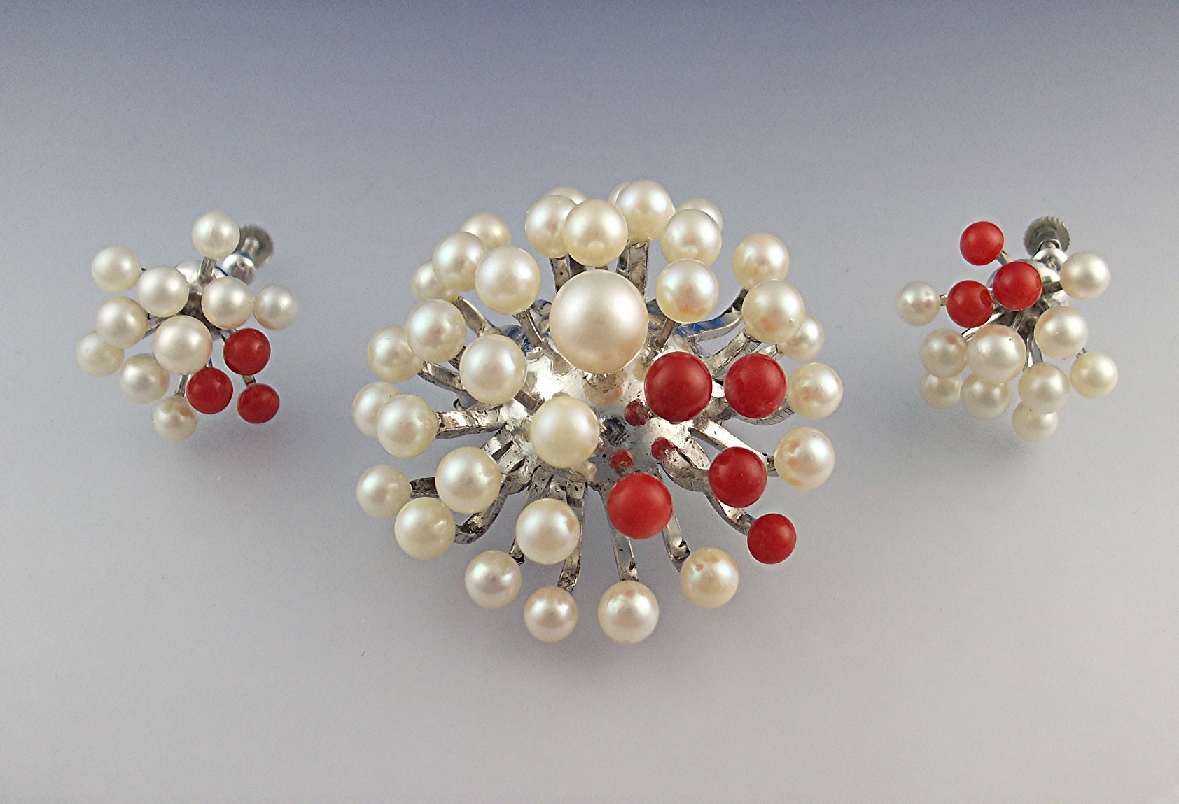Cultured Pearls Natural Coral Silver Brooch & Earrings