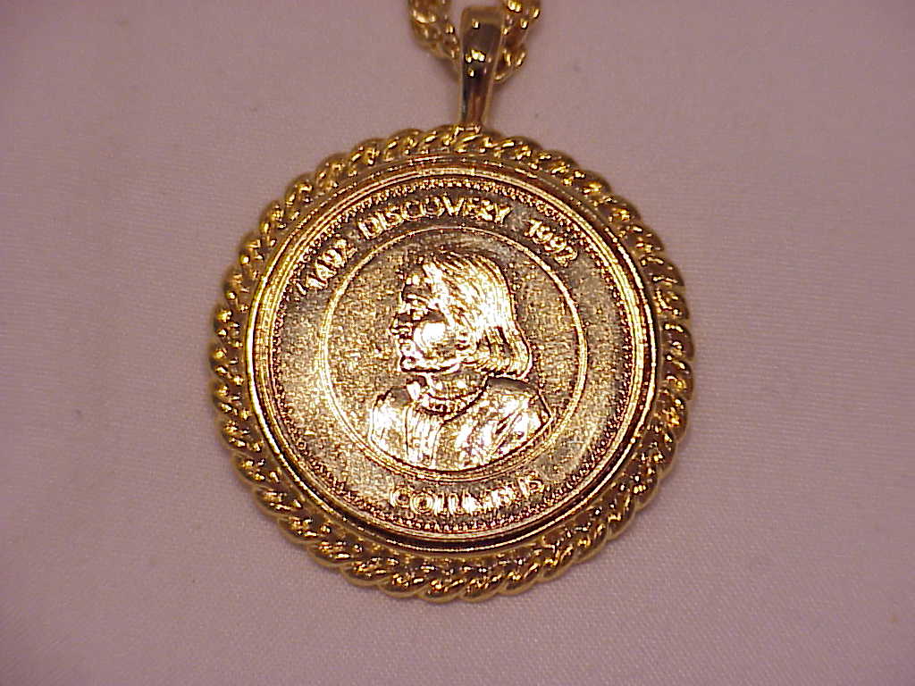Christopher Columbus 500th Anniversary Gold Tone Medal Necklace
