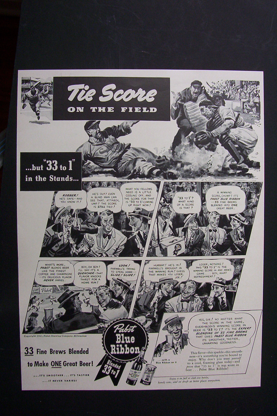 1941 Pabst Blue Ribbon Beer with Score on the Field