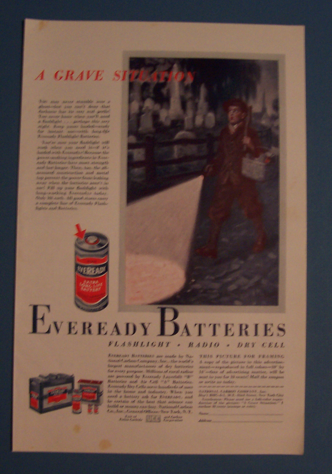 1933 Eveready Batteries with Boy Walking Past Graveyard