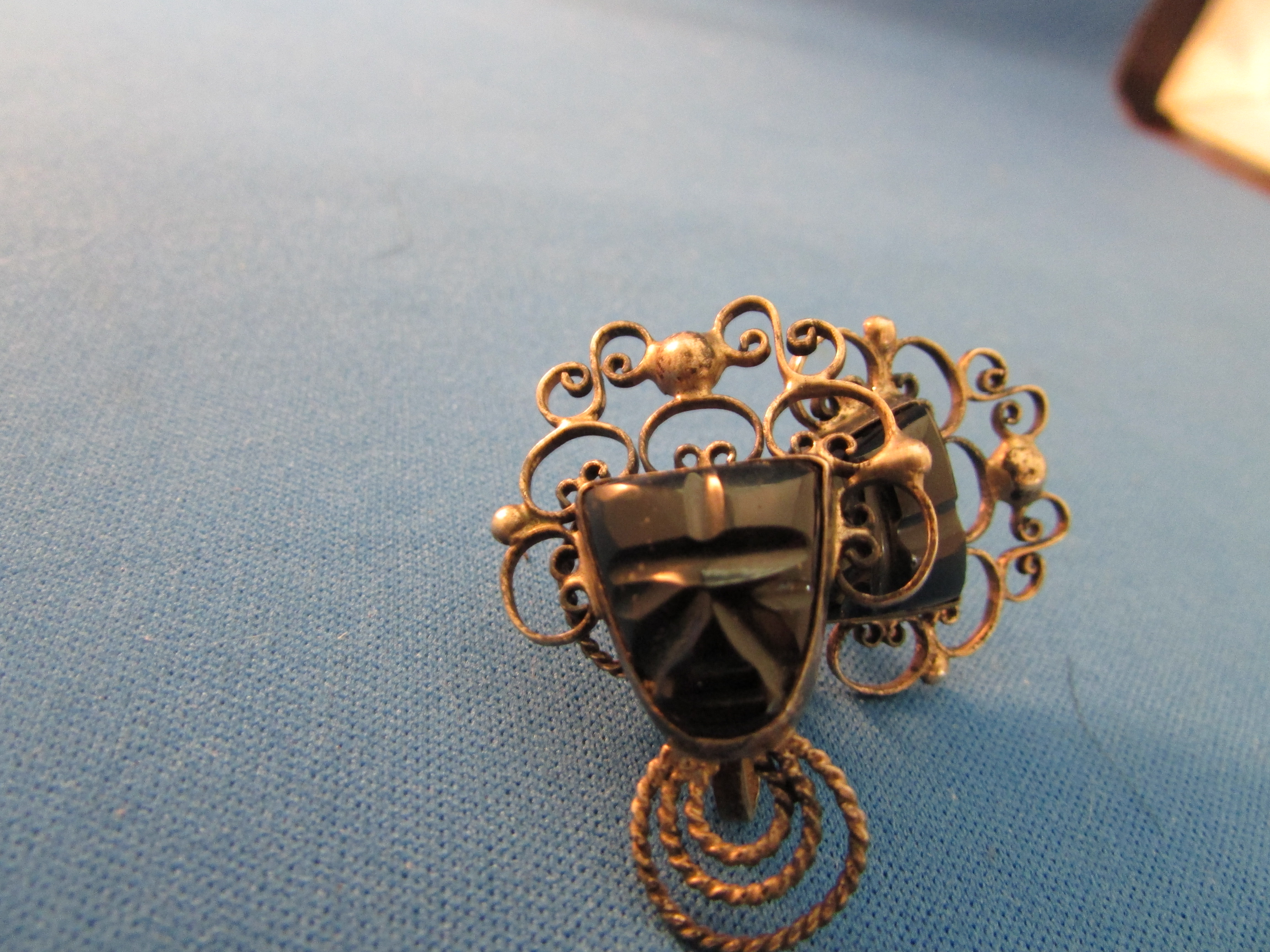 Mexican Silver Onyx Aztec Face Earrings