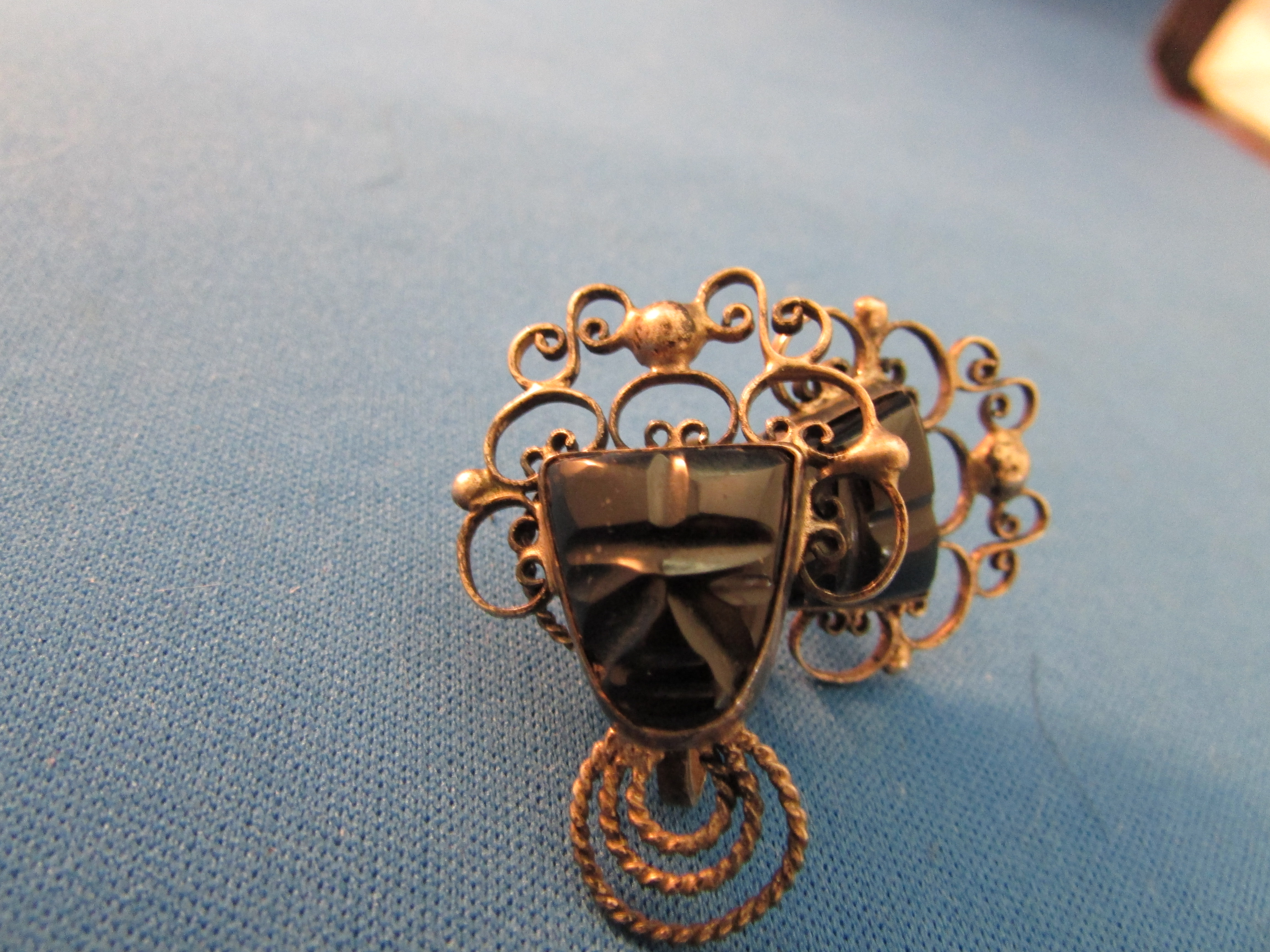 Mexican Silver Onyx Aztec Face Earrings