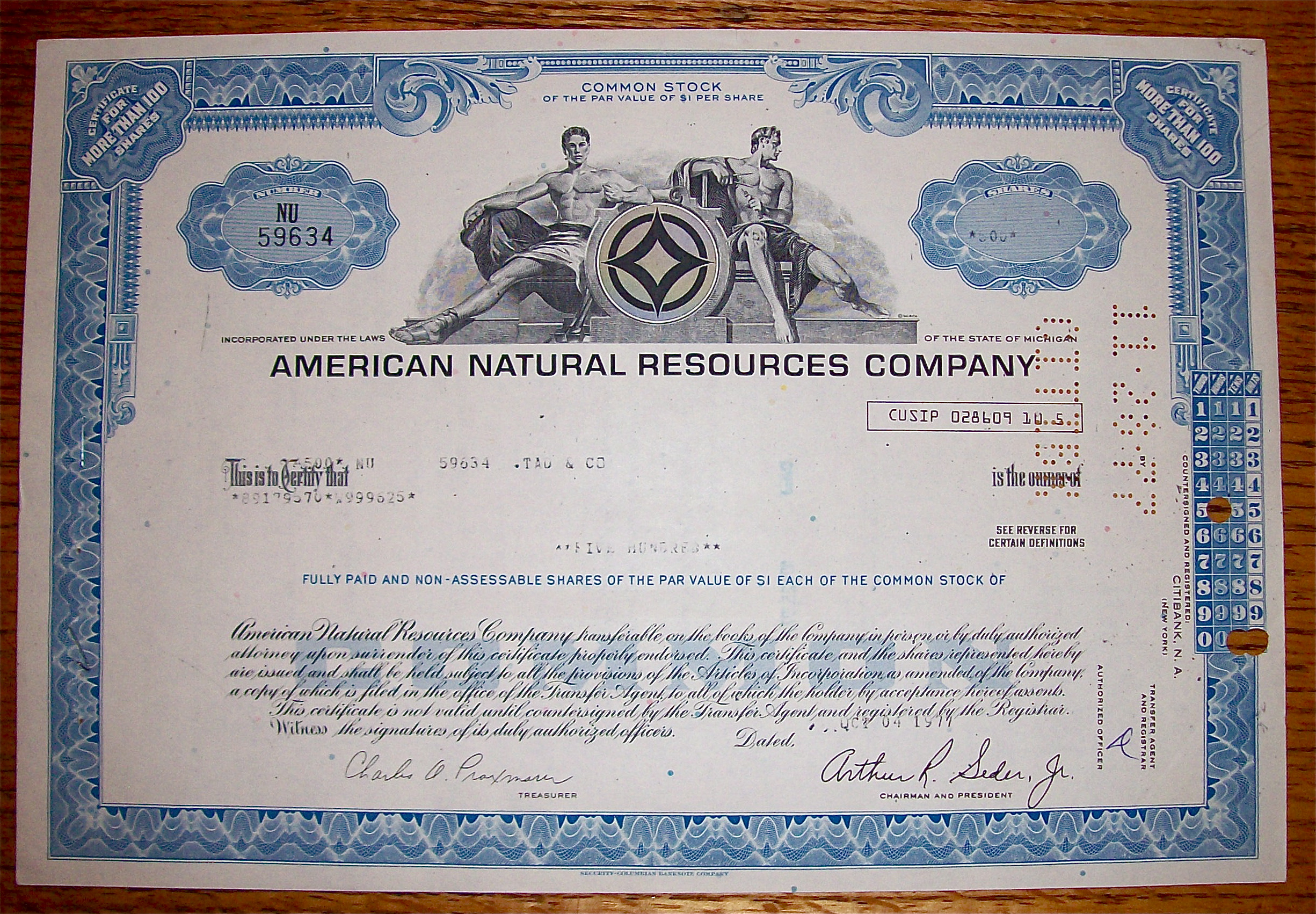 1971 American Natural Resources Company Stock