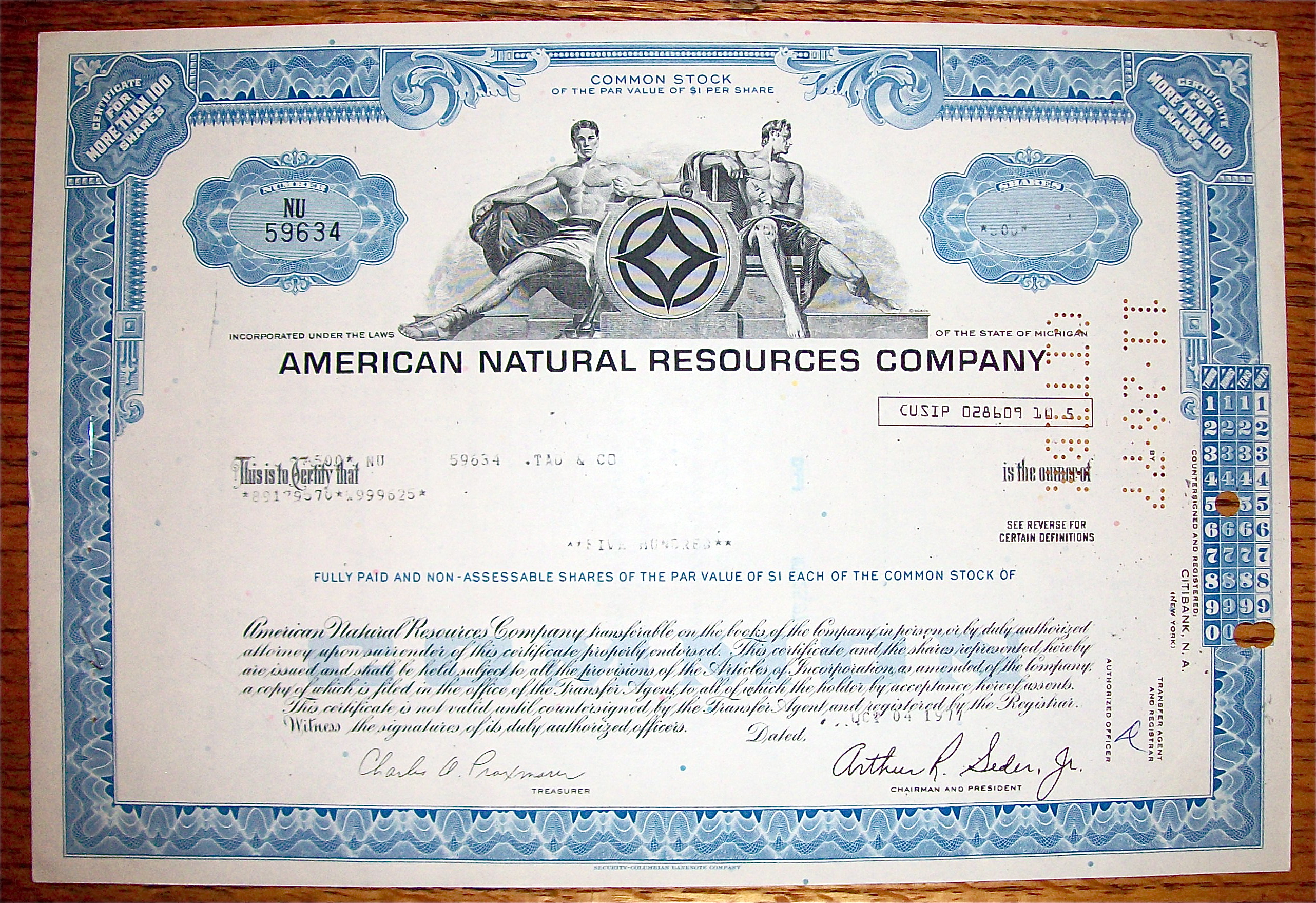 1971 American Natural Resources Company Stock