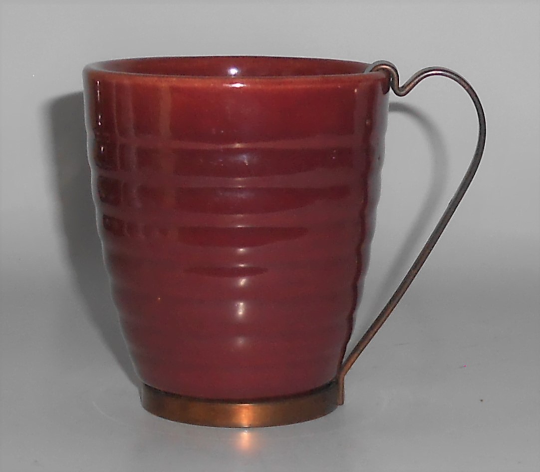 Bauer Pottery Ring Ware Burgundy Barrel Tumbler W/Handl