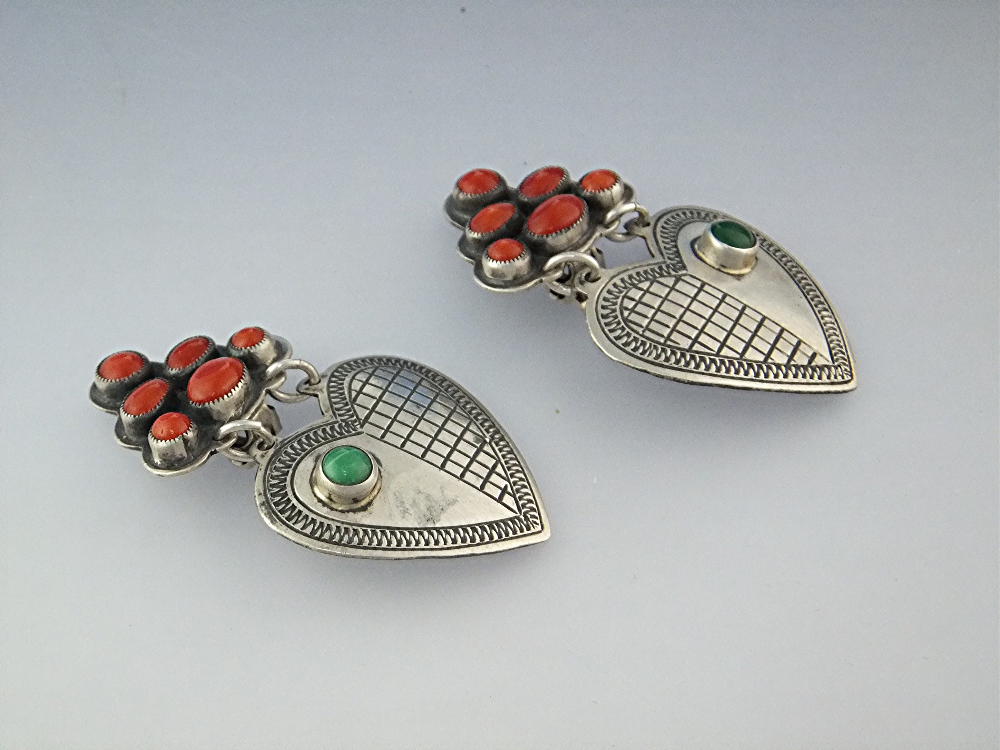 Earrings DON LUCAS Sterling Silver Coral Malachite Clip