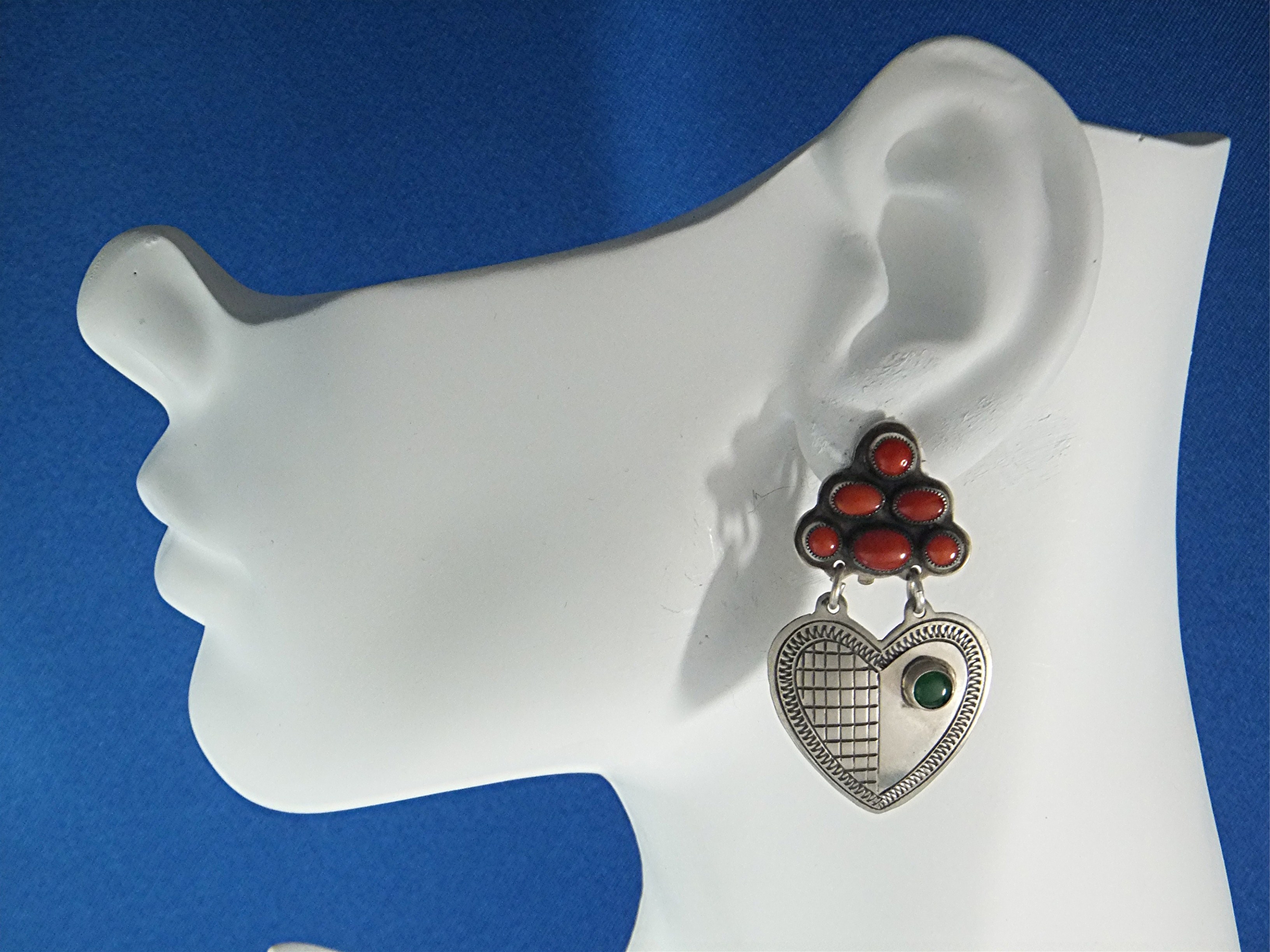 Earrings DON LUCAS Sterling Silver Coral Malachite Clip